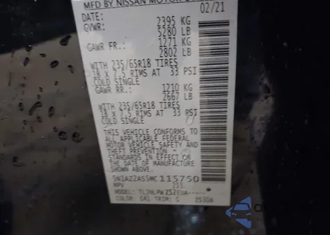 2021 Nissan Murano S Intelligent Awd из США, поврежденный, VIN 5N1AZ2AS5MC115750